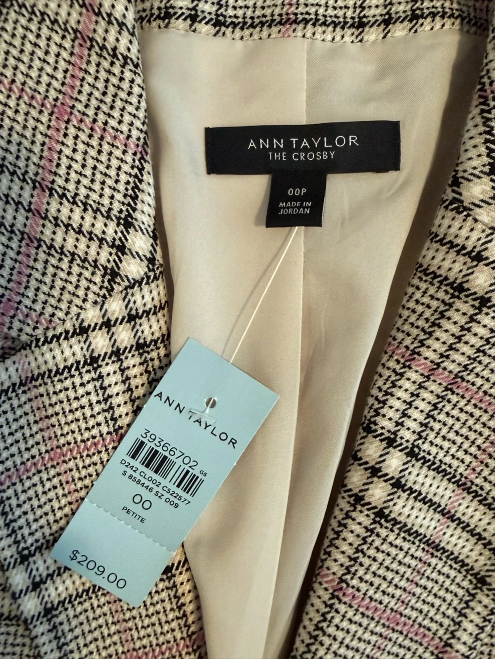 Women’s Plaid Blazer in Beige with Pink Accents